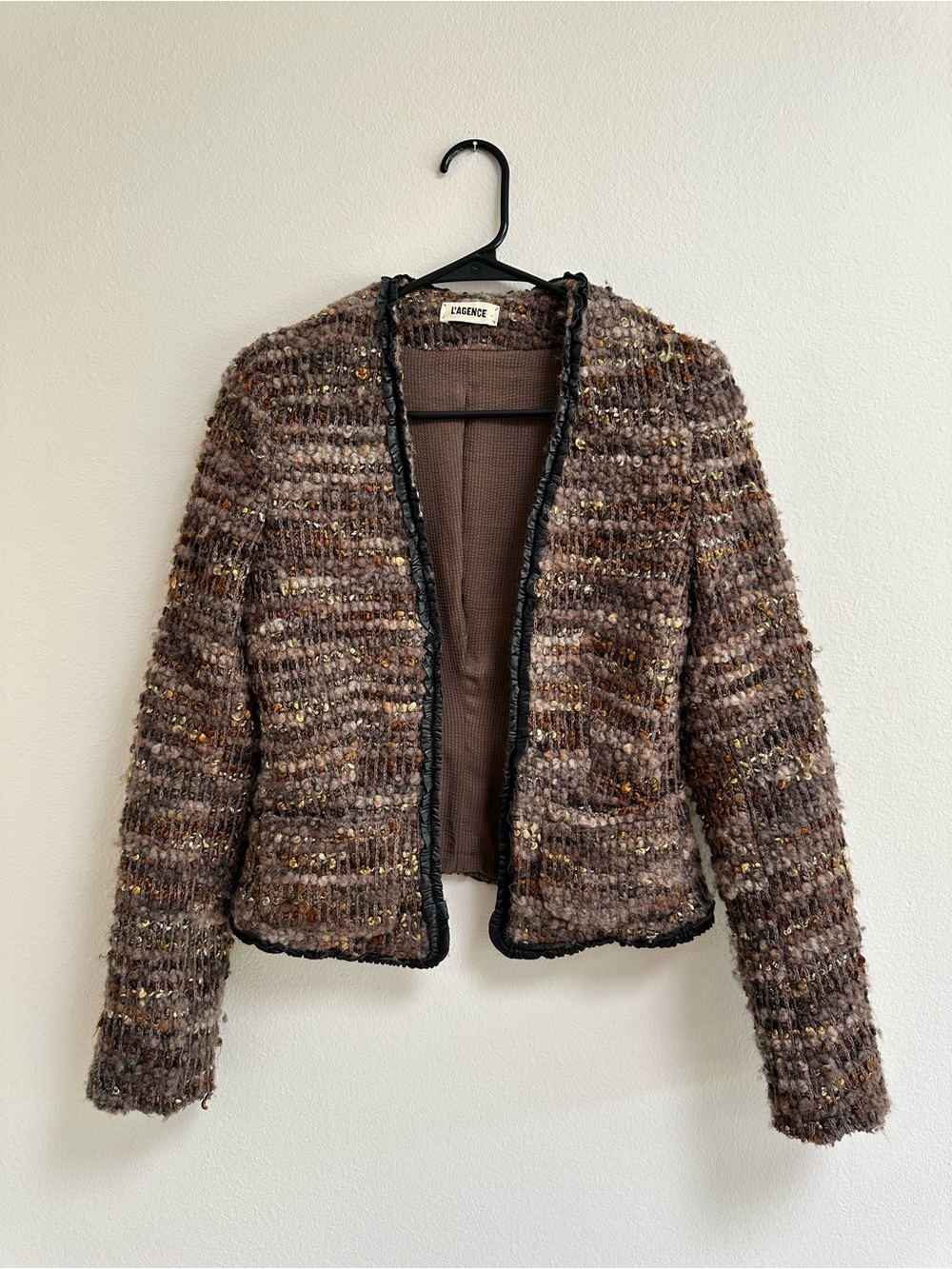 L’AGENCE Boucle Tweed Jacket Women Size 4 Brown Gold Metallic Black Trim